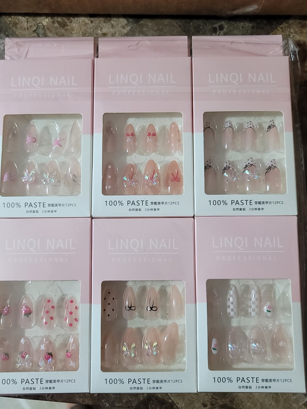 Pink Press-On Nail Sets with Designs (6 Pack)